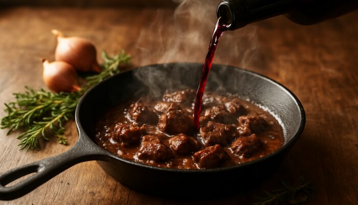 Close-up cast iron skillet deglazing caramelized meat fond with red wine, steam rising amid herbs and shallots.