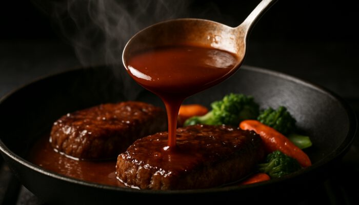 Chef's spoon lifts thick glossy pan sauce from simmering skillet with steam and seared meat