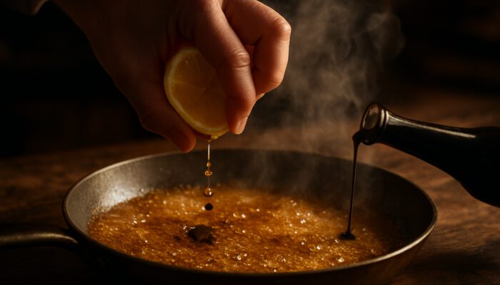 Chef squeezing lemon and balsamic into bubbling golden pan sauce with steam rising.