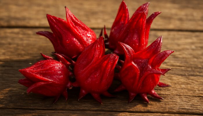 Vibrant red Roselle hibiscus blooms with dew-kissed petals on rustic wooden table