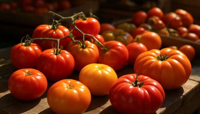 Vibrant heirloom tomatoes glowing in sunlight at rustic farmers market stall for Greek salad.