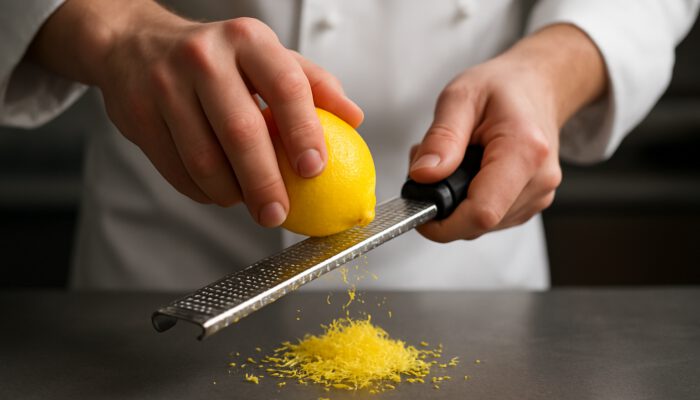 Chef's hands zesting lemon with microplane grater, fine citrus zest falling