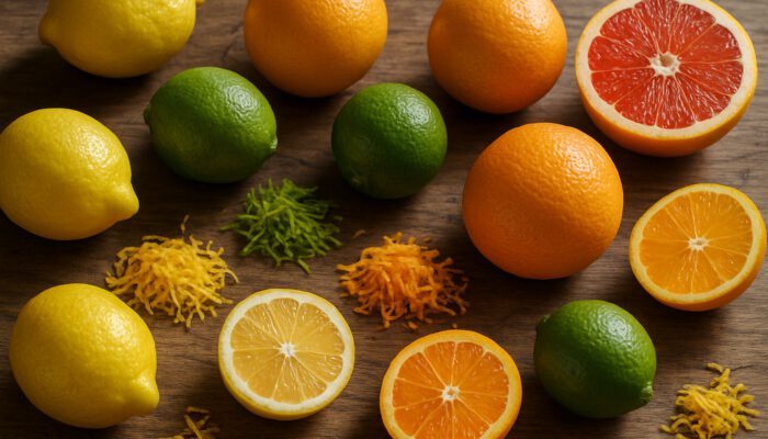 Vibrant whole and zested lemons, limes, oranges, grapefruits on rustic wooden table