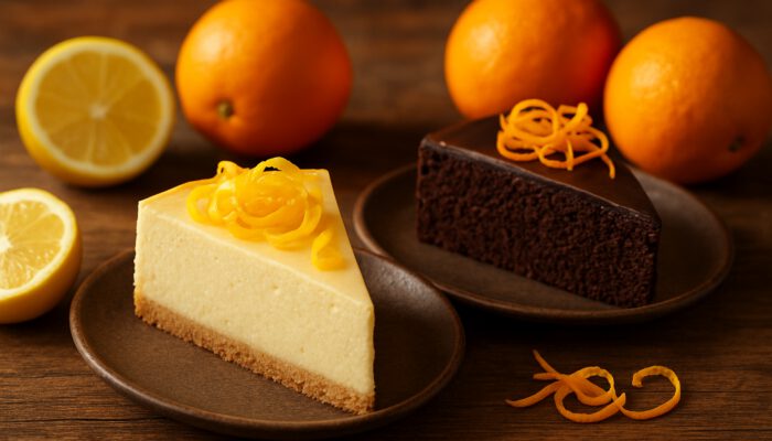 Lemon zest cheesecake slice and orange zest chocolate cake with fresh citrus fruits on wooden table