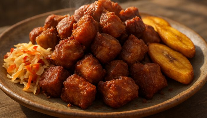Crispy Haitian griot fried pork with pikliz and plantains on rustic plate
