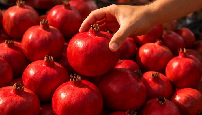 Hand selecting vibrant red pomegranates at sunny market stall for homemade molasses.