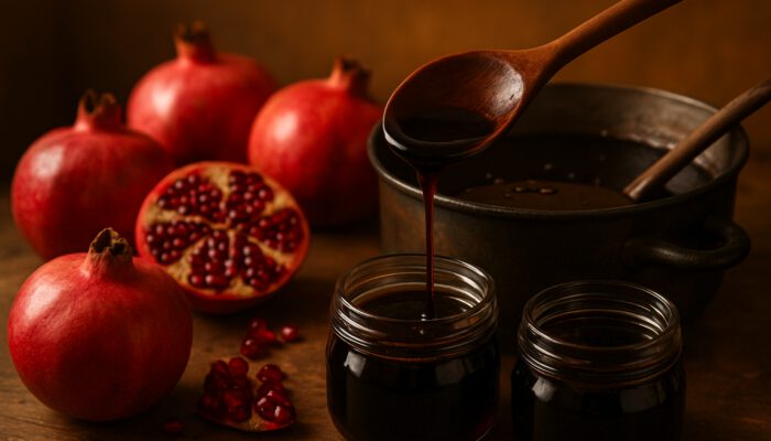 Rustic kitchen scene with pomegranates and homemade pomegranate molasses poured into glass jars.