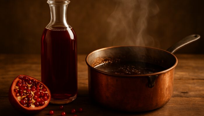 Glass bottle of pure pomegranate juice beside steaming copper pot of reducing molasses on wood