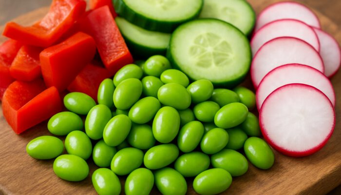 Close-up of premium edamame beans with bell peppers, cucumbers and radishes on wooden board