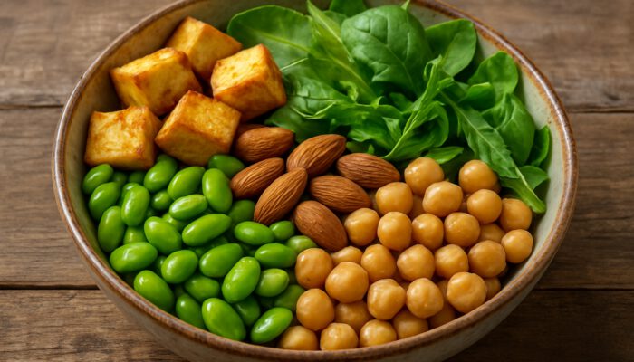 Vibrant edamame salad bowl with tofu, chickpeas, almonds, and greens on rustic wood.