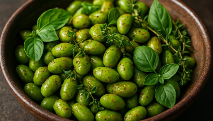 Close-up of spiced edamame with basil, thyme, and oregano in rustic bowl