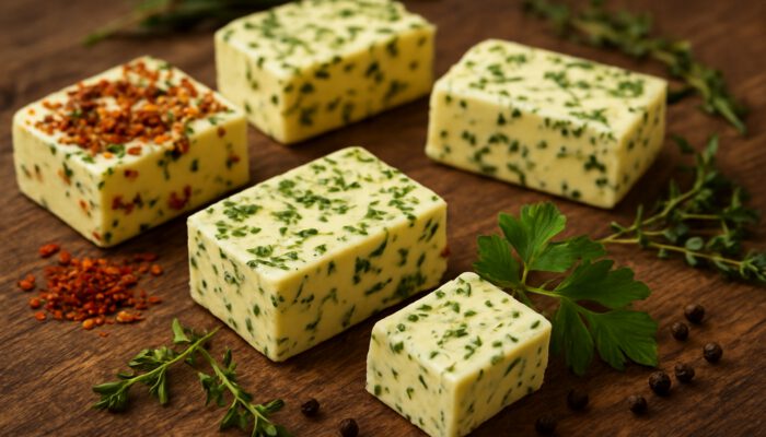 Close-up of creamy European-style unsalted butter blocks with herbs on rustic wooden table