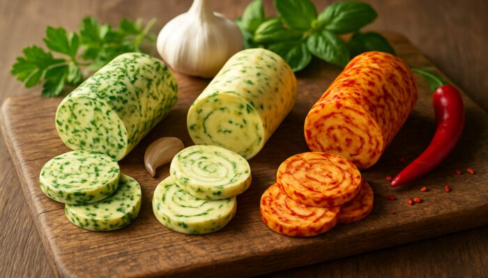 Rustic board with sliced herb, garlic, and chili compound butter logs amid fresh ingredients in soft light.