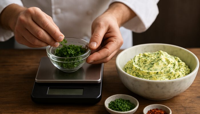 Chef's hands weighing herbs on digital scale beside marble bowl of compound butter on wood counter