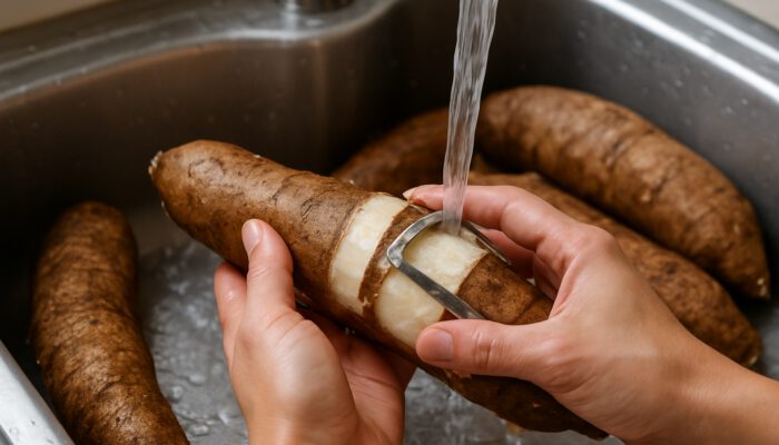 Hands peeling firm yuca roots under running water in bright kitchen sink.