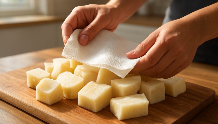 Hands blotting yuca chunks dry with paper towels on wooden board before frying