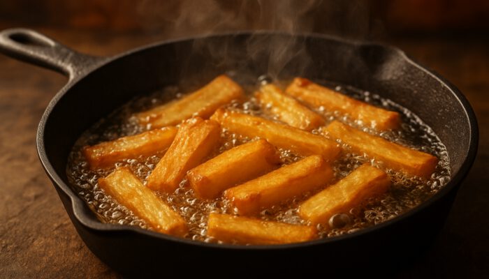 Golden yuca fries sizzling in cast-iron pot with steam, rustic kitchen glow