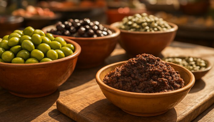 Mediterranean market stall with fresh olives, capers, and homemade tapenade on wooden board