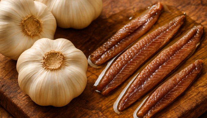 Close-up of plump garlic bulbs and anchovy fillets in olive oil on rustic wood.