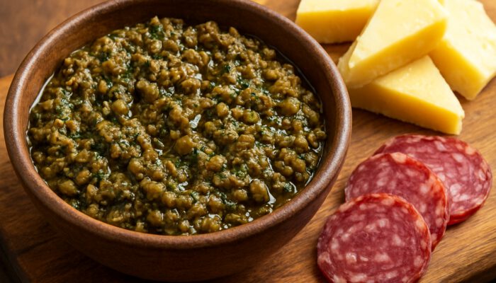 Close-up of chunky olive tapenade in rustic bowl with herbs, capers, olive oil, cheese and cured meats.