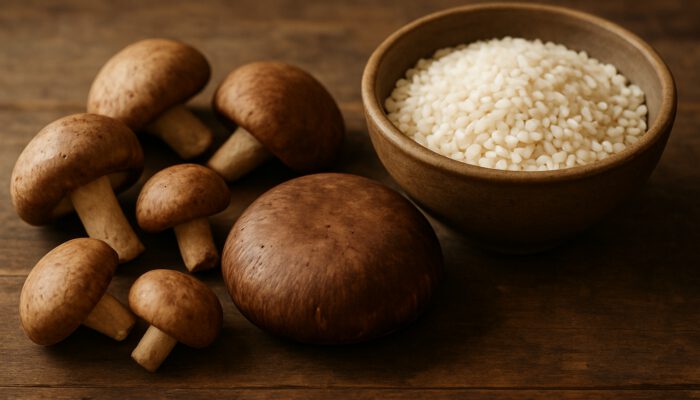 Creamy Mushroom Risotto Recipe: Fresh shiitake and portobello mushrooms with arborio rice on rustic wood for risotto