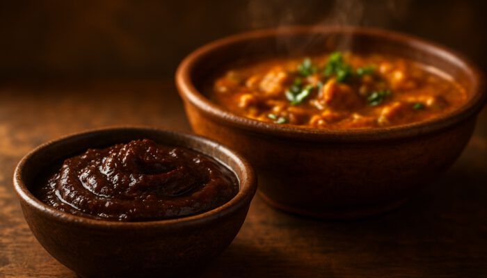 Cooking With Tamarind Paste in Curries: Thick dark tamarind paste in rustic bowl beside steaming spiced Indian curry pot in warm light