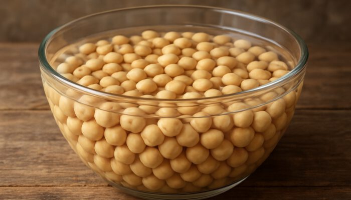 Bowl of swollen chickpeas soaking in water on rustic kitchen counter