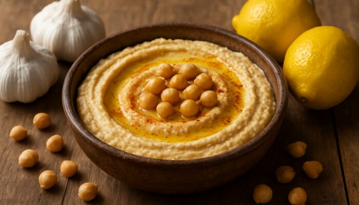 Creamy homemade hummus from dried chickpeas in rustic bowl with olive oil and paprika