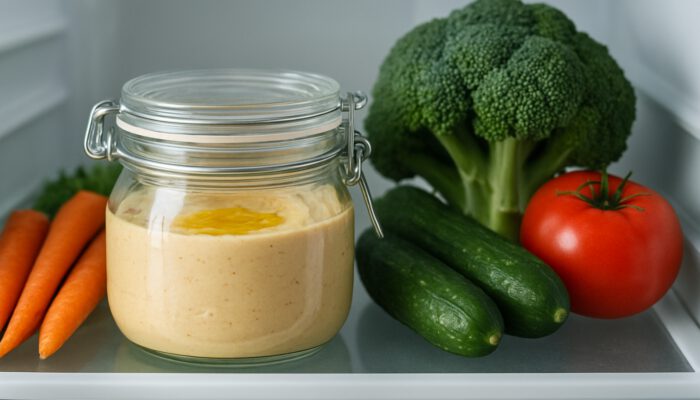 Glass jar of creamy hummus topped with olive oil stored in refrigerator beside vegetables