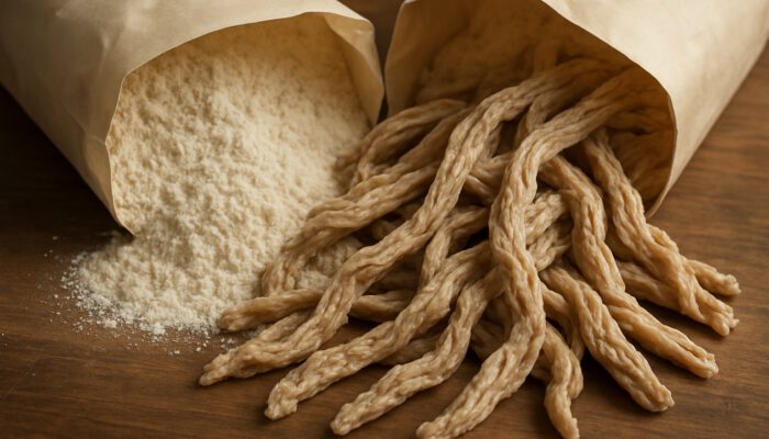 Vital wheat gluten flour spilling from bags into fibrous seitan strands on table
