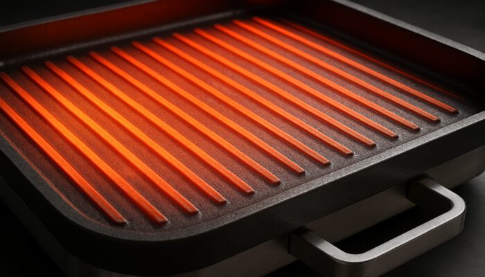 Cooking on a Plancha Grill: Close-up of polished cast iron plancha grill glowing with even radiant heat