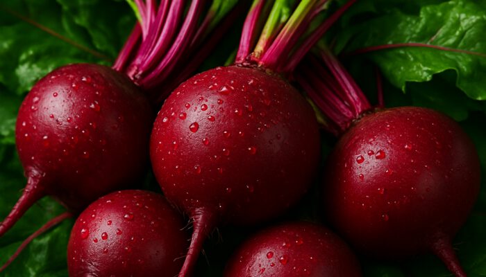 Plump unblemished deep crimson beets with lush green stems glistening with dew.