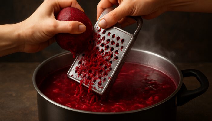 Hands grating red beets on coarse grater into steaming pot of crimson borscht.