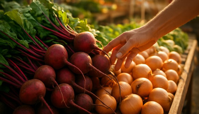 Hand inspecting fresh beets and onions at sunny farmers market stall