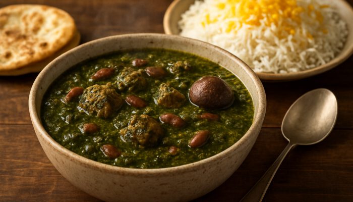Steaming bowl of Iranian Ghormeh Sabzi herb stew with lamb and saffron rice on wooden table.