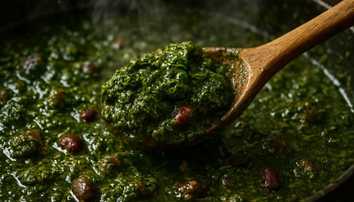Thick glossy Ghormeh Sabzi stew simmering in pot with green herbs on wooden spoon and steam